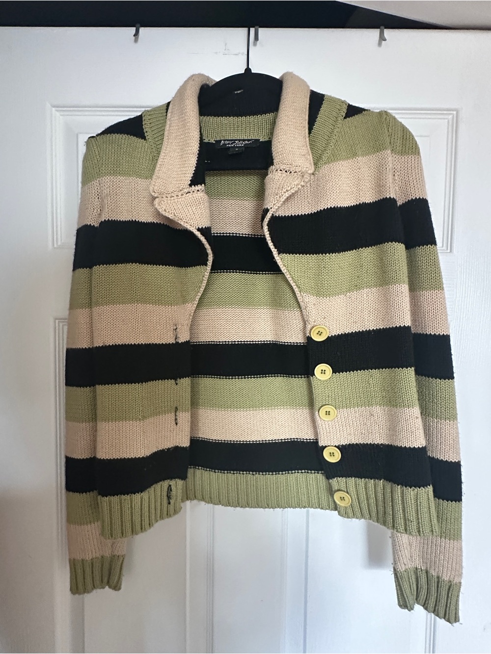 Betsey Johnson Striped Knit Button-Up Sweater Cardigan - Green, Black, Cream